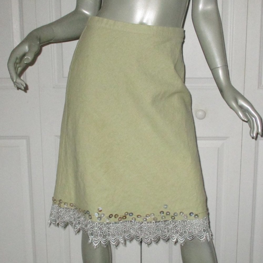 APRIL CORNELL Celery Green Linen/Cotton Embellished Skirt